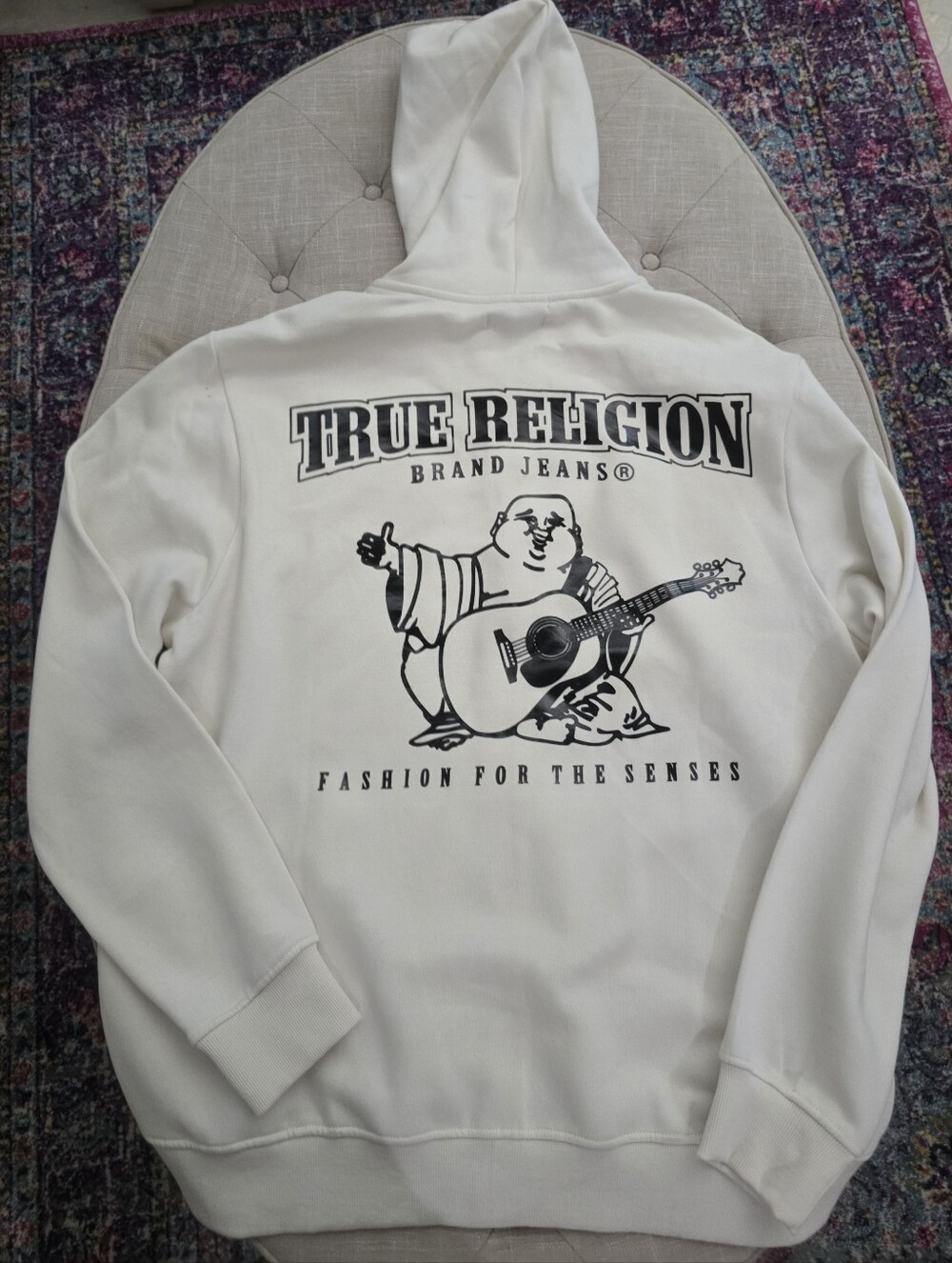 True Religion Men’s 2XL Zip Up Hoodie White Buddha Guitar Graphic NWT XXL
